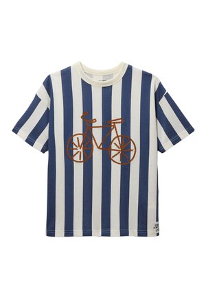 Chemise à manches courtes rayée verticalement bleu et blanc avec un motif de bicyclette en corde marron centré sur le devant.