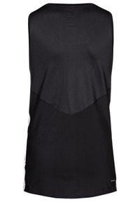 Czarny sportowy top bez rękawów wykonany z gładkiej tkaniny, z zaokrąglonym dołem i subtelnym logo z tyłu.