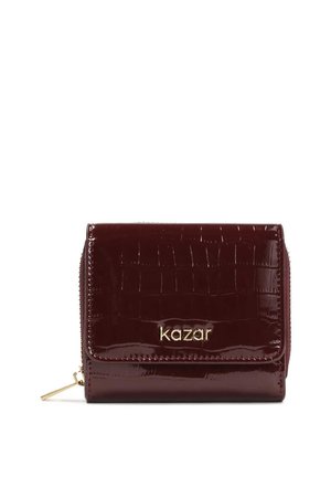 Burgundy patent leather wallet with crocodile texture, gold hardware, and embossed logo. Zipper closure and compact rectangular shape.