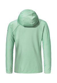 Hellgrüne, langärmlige Kapuzenjacke mit einem strukturierten Rippenmuster, Raglanärmeln und einer weichen, glatten Oberfläche.