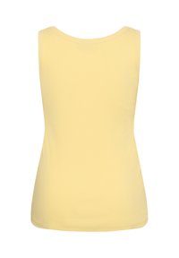 Débardeur sans manches jaune clair uni avec un col rond, vu de dos sur un fond blanc.