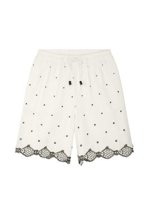 Weiße Shorts mit Kordelzug, kleinen schwarzen Punkten und schwarzem, gewelltem Spitzenbesatz mit Fischschuppenmuster am Saum.