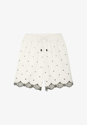 Witte short met trekkoord, kleine zwarte stippen en een zwart kanten scalloped rand met een vissen-schubbenpatroon aan de zoom.