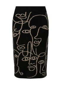 Strick-Bleistiftrock in Schwarz mit einem beigen abstrakten Gesichtsmuster. Er hat eine enganliegende Silhouette und einen gerippten Taillenbund.