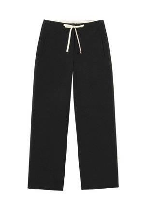 Pantalon noir à jambes droites avec poches latérales et cordon blanc à la taille élastique, à plat sur fond blanc.