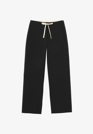 Pantalon noir à jambes droites avec poches latérales et cordon blanc à la taille élastique, à plat sur fond blanc.
