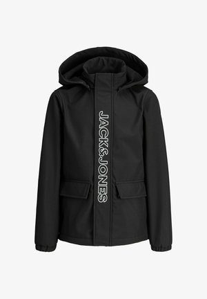 Juodas vandeniui atsparus švarkas su kapišonu, turintis priekinį užtrauktuką, dvi kišenes ir ryškų baltą "JACK&JONES" logotipą centre. Sklandus paviršius.