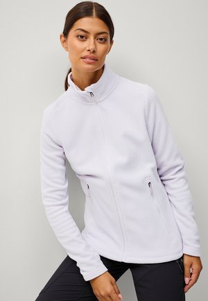 Fleece jacket in licht lavendel met een hoge kraag, volledige rits en twee zijzakken met ritssluitingen. Zachte textuur en getailleerd ontwerp.
