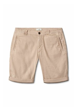 Khaaki platnene kratke hlače s prevrnutim rubovima, prednjim kopčanjem na dugme i dva bočna džepa. Meka tekstura s suptilnim detaljima šivanja.