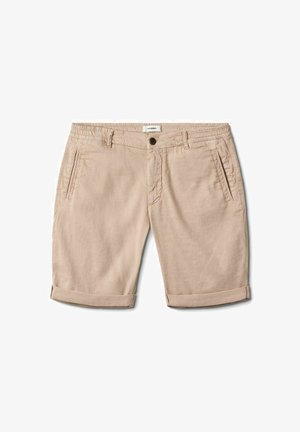 Kahvades linane lühike püksid keeratud äärtega, esise nööbiga kinnitamine ja kaks külgtaskut. Pehme tekstuur koos delikaatsete õmblusdetailidega.