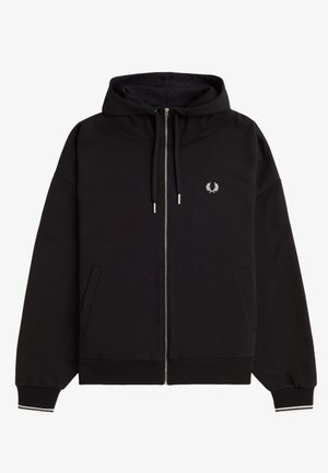 Sweat à capuche noir zippé avec cordon de serrage, deux poches avant, poignets et ourlet côtelés, et un petit logo couronne de laurier blanche sur la poitrine.