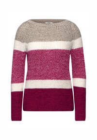 Stickad tröja med breda horisontella ränder i nyanser av burgundy, kräm och taupe. Rund halsringning och långa ärmar. Texturerat tyg.