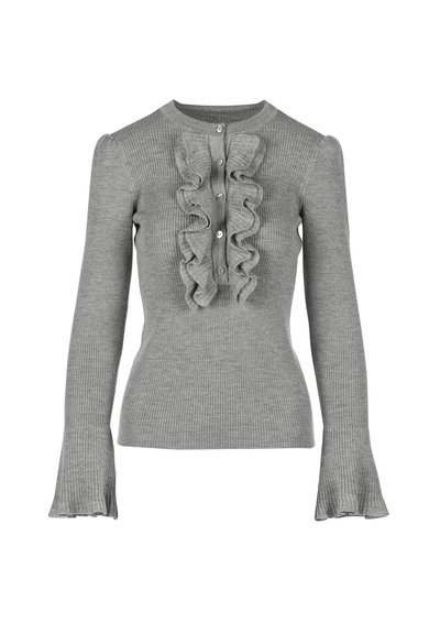 Gray ribbed sweater with long sleeves, feature ruffles down the front, button closure, and flared cuffs, made of soft knit material.