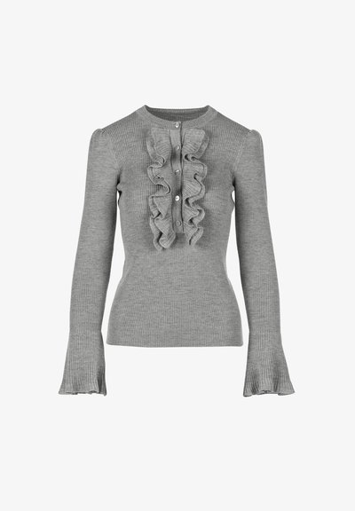 Gray ribbed sweater with long sleeves, feature ruffles down the front, button closure, and flared cuffs, made of soft knit material.