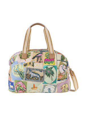 Gewatteerde stoffen handtas met meerkleurige natuur- en dierenpatch ontwerpen, beige gestreepte handvatten en een verstelbare schouderriem.