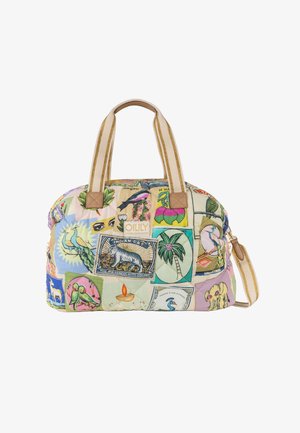 Gewatteerde stoffen handtas met meerkleurige natuur- en dierenpatch ontwerpen, beige gestreepte handvatten en een verstelbare schouderriem.