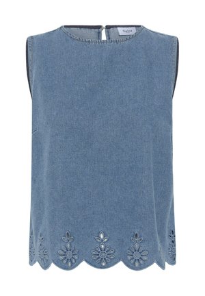 Plavi traper prsluk bez rukava sa nazubljenim rubom i izvezenim cvjetnim izrezima duž donjeg ruba, patentnim zatvaračem na leđima i okruglim izrezom na vratu.