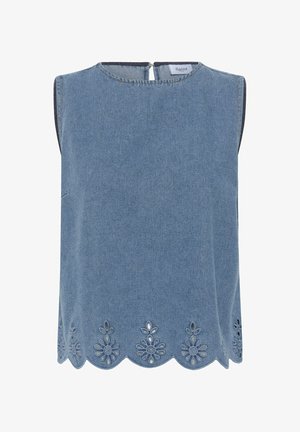 Varrukateta sinine teksariidest top lainelise äärega ja lillelise välja lõigatud tikandiga alumisel äärel, seljal lukk ja ümar kaelus.