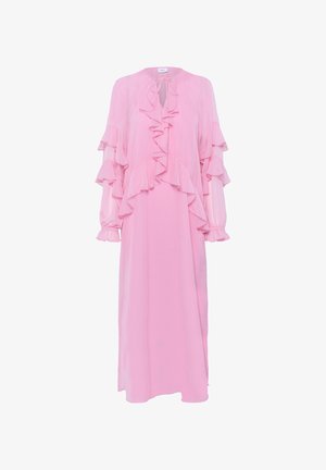 Roza maksi obleka z nabranimi rokavi in sprednjim delom, izdelana iz lahkotnega materiala. Ima okroglo ovratnik in zavezan detajl pri dekolteju.
