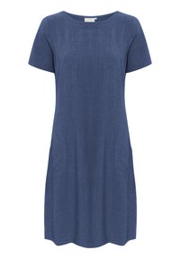 Short-sleeve, denim blue dress with a round neckline, two front pockets, relaxed fit, smooth texture, knee-length hem.