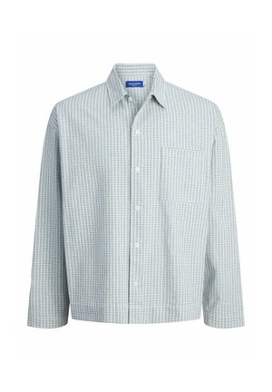 Button-up shirt, light blue and white check pattern, long sleeves, button-down collar, single chest pocket, cotton material.