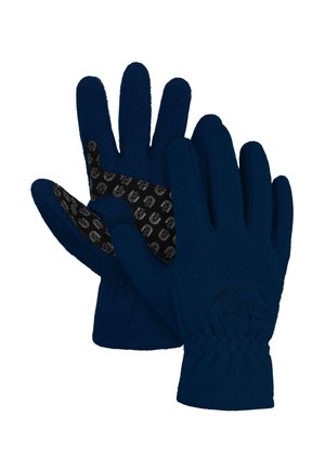 Paar dunkelblaue Fleece-Handschuhe mit schwarzen, strukturierten Griffpolstern an den Handflächen und elastischen Bündchen am Handgelenk.
