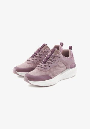 Light purple athletic shoes with textured mesh upper, reinforced toe cap, and white sole. Features lace-up design and dual pull tabs.