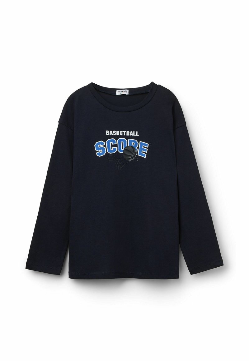 Marineblaues Langarm-T-Shirt aus weicher Baumwolle, mit dem Text "BASKETBALL SCORE" in Blau und Weiß sowie einer Grafik eines Basketballs.