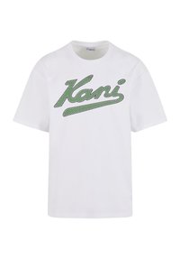 White cotton t-shirt featuring green graphic text "Kani" in a cursive style, short sleeves, and a crew neck. Soft, relaxed fit.
