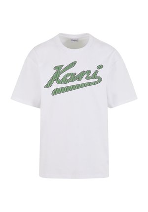 Valkoinen puuvillainen t-paita, jossa on vihreä graafinen teksti "Kani" kirjoitustyylillä. Lyhyet hihat ja pyöreä kaula-aukko. Pehmeä, rento istuvuus.