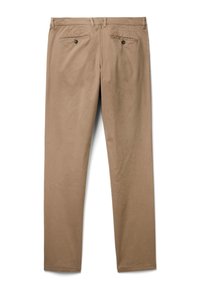 Beige Hose mit glatter Textur, ausgestattet mit zwei Gesäßtaschen mit Knopfverschlüssen. Gerades Bein-Design, minimalistische Nähdetails.