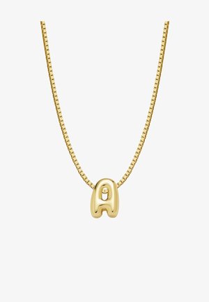 Kuldne kaelakee sujuva, ümarate servadega tähega "A" ripatsiga. Ripatsil on väike lõige ja see on kinnitatud lame, ühendatud kettile.