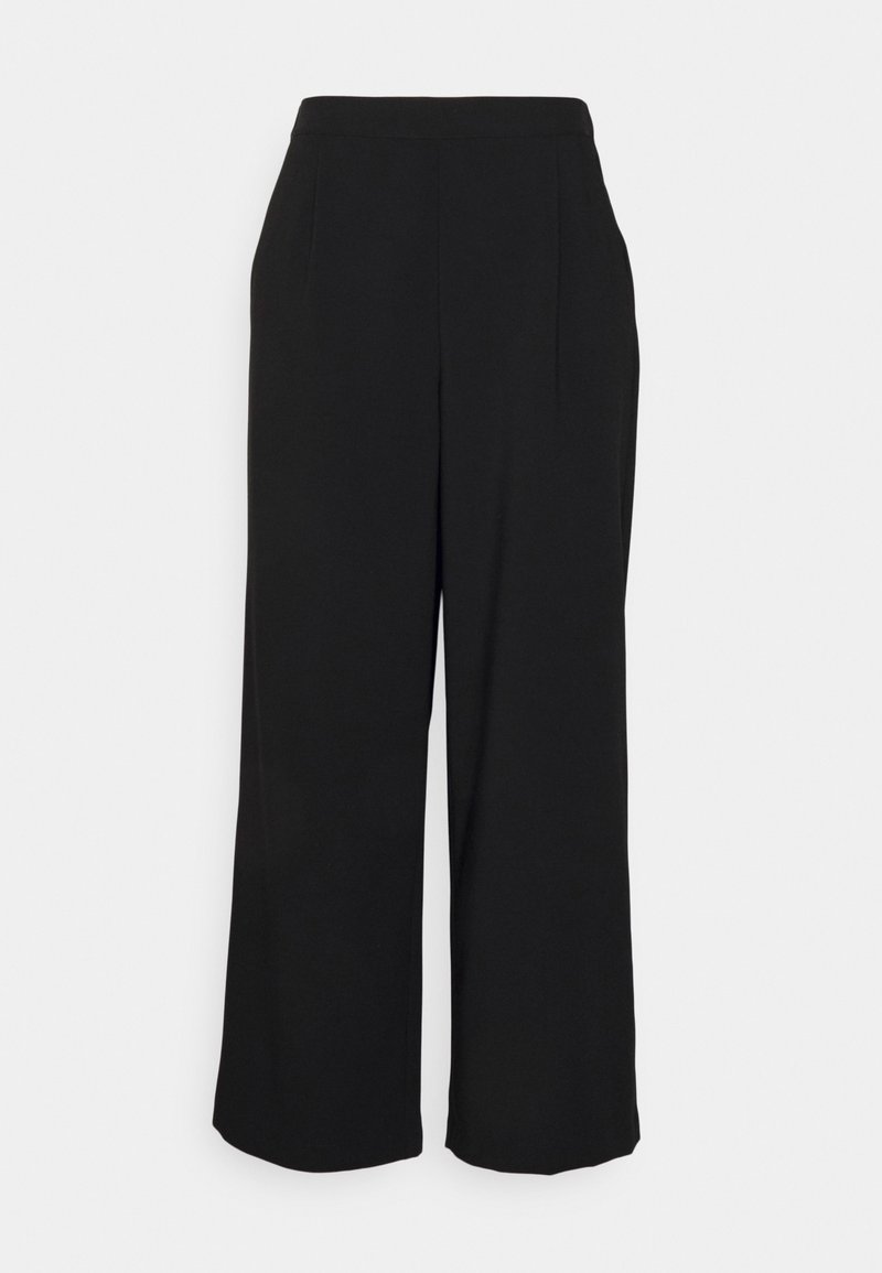Pantalon noir taille haute à jambes larges, taille ajustée et ourlet droit, présenté sur un fond clair uni.