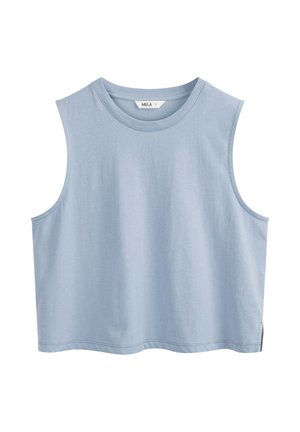 Lichtblauw mouwloos cropped topje met ronde halslijn en kleine zijopeningen, gelabeld maat S.