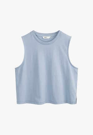 Lichtblauw mouwloos cropped topje met ronde halslijn en kleine zijopeningen, gelabeld maat S.