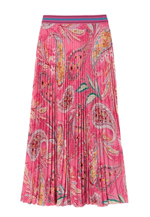 Pink pleated skirt featuring floral and paisley patterns, with a contrasting turquoise striped waistband. Made of lightweight fabric.