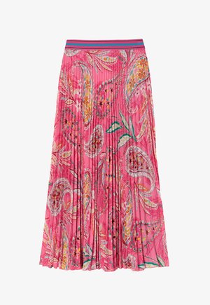 Różowa spódnica plisowana z kwiatowymi i paisleyowymi wzorami, z kontrastującym paskiem w turkusowe paski. Wykonana z lekkiego materiału.