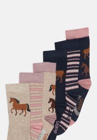 Set aus sechs Socken mit Pferdemotiven in Beige-, Pink- und Marineblau-Tönen. Enthält einfarbige, gestreifte und gemusterte Designs.