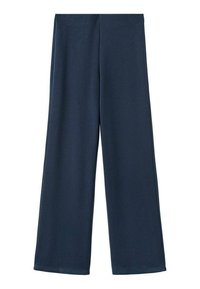 Pantalon bleu marine à jambes larges et taille haute, en tissu doux, présenté à plat sur un fond blanc.