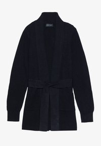 Schwarze Strickjacke mit Schalkragen, Taillengürtel und zwei Taschen auf der Vorderseite. Gerippte Textur mit offenem Design.