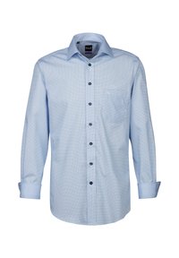 Camicia a maniche lunghe color azzurro chiaro con un motivo testurizzato, con bottone frontale, una tasca sul petto e bottoni scuri a contrasto.