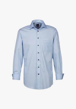 Camicia a maniche lunghe color azzurro chiaro con un motivo testurizzato, con bottone frontale, una tasca sul petto e bottoni scuri a contrasto.