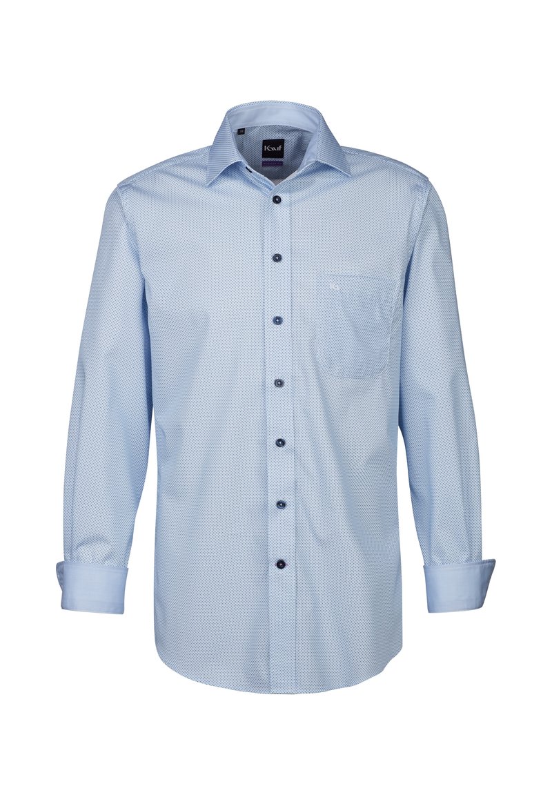 Camicia a maniche lunghe color azzurro chiaro con un motivo testurizzato, con bottone frontale, una tasca sul petto e bottoni scuri a contrasto.