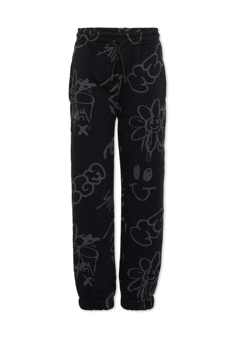 Czarne dresy z szarymi wzorami w stylu graffiti, elastycznym paskiem w talii i mankietami. Wykonane z miękkiego, strukturalnego materiału, idealne do codziennego noszenia.