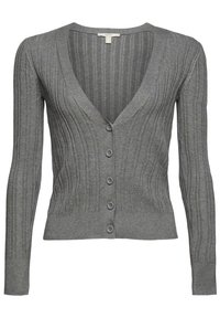 Grå ribbad stickad cardigan med V-ringning, långa ärmar och fem framknappar, figurnära stil.