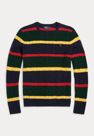 Pull rayé avec une texture en maille torsadée, présentant des rayures vertes, marine, rouges et jaunes. Col et poignets côtelés, logo sur la poitrine gauche.