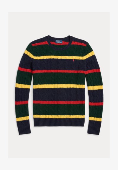 Pull rayé avec une texture en maille torsadée, présentant des rayures vertes, marine, rouges et jaunes. Col et poignets côtelés, logo sur la poitrine gauche.