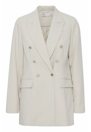 Beige double-breasted blazer with gold-tone buttons, notched lapels, and two front pockets. Made of smooth fabric, featuring a fitted silhouette.