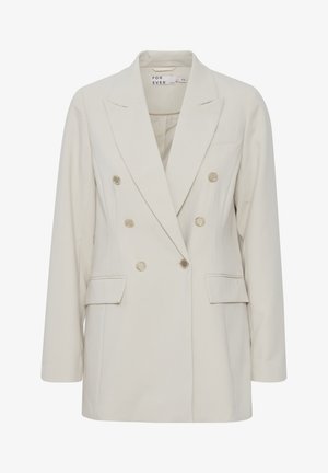 Beige double-breasted blazer with gold-tone buttons, notched lapels, and two front pockets. Made of smooth fabric, featuring a fitted silhouette.