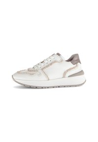 Weiße Leder-Sneaker mit strukturierten beigen Akzenten, runder Spitze, flacher Sohle und gepolstertem Schaft. Schnürdesign mit subtiler Farbvariation.